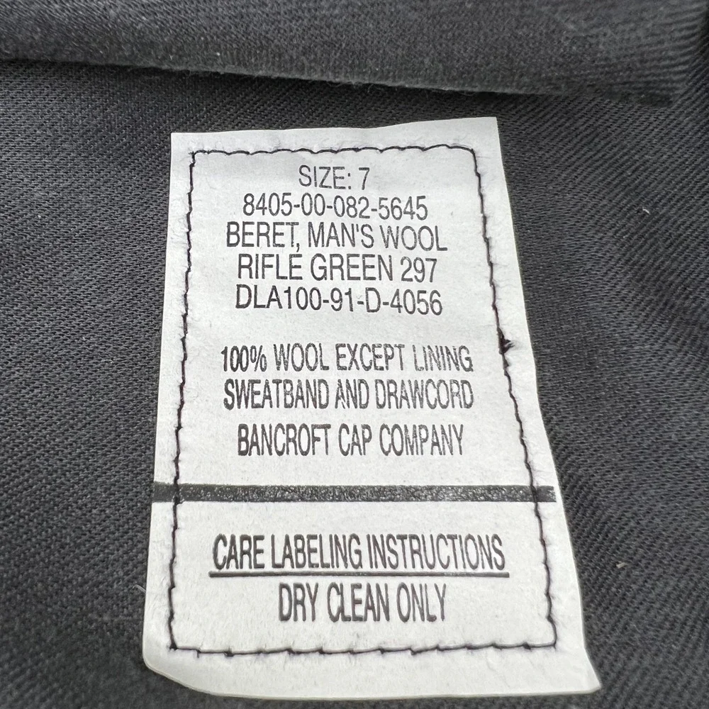 Bancroft Beret Mens 7 Green Army US Military Wool Ranger DLA100-91-D-4056 Uni